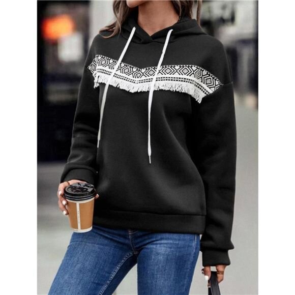 Fringe Detail Long Sleeve Drawstring Hoodie - Picture 9 of 16